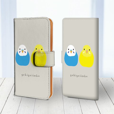 Android / iPhone 対応 フラップあり手帳型ケース★インコ 青・黄 