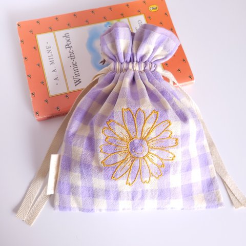 Flower 刺繍 巾着 ポーチ ラベンダー&ベージュ × チェック