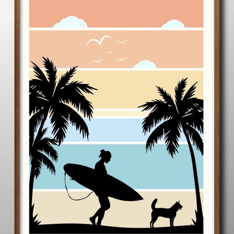 13988　■　A3　アートポスター『ハワイ　サーフィン　ビーチ』絵画　イラスト　デザイン　マット　北欧