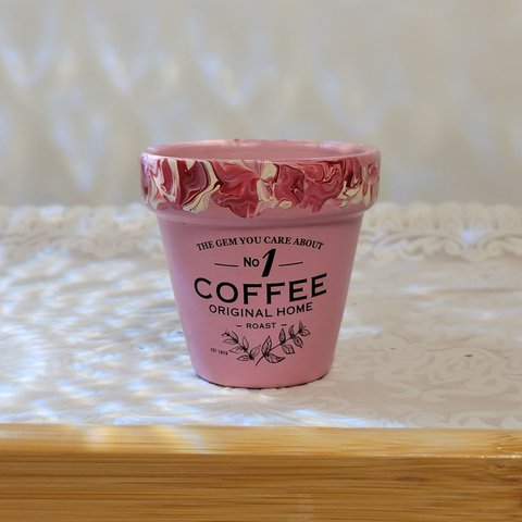 【マーブルCafé】コーヒー・カフェ・ピンク・赤・レッド・アメリカン・多肉・花・植物　リメイク鉢　２号