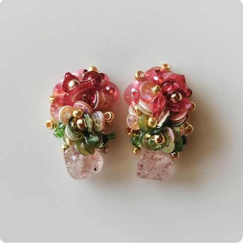 < Sequins Gradation & Strawberry quartz >+ Gold beads + Glass beads ＊ Redpink/Beigepink/Lightgreen