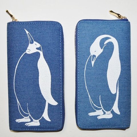 ペンギン　デニム長財布、オリジナルデザイン　ライトブルー　両面プリント