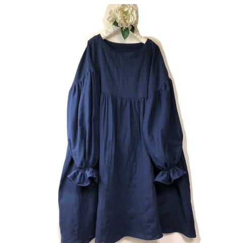 ❤️バルーン袖のギャザーワンピース ❤️ふわふわダブルガーゼ ❤️バルーン袖❤️ (紺 )ネイビー❤️お色変更可能