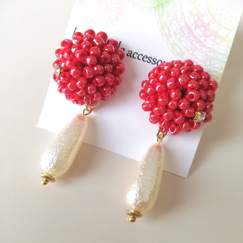 ♡ビーズクロッシェのアクセサリー♡レッド×ビジュー