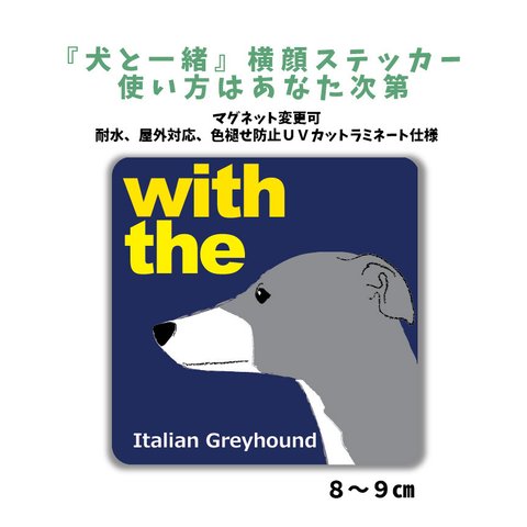 イタリアングレーハウンド イタグレ ブルーホワイト 『犬と一緒』 犬 横顔ステッカー  車 玄関 DOG IN CAR マグネット変更可 イタグレ