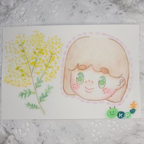 🎨【原画】そばかすの女の子(ミモザ)/水彩画ポストカード