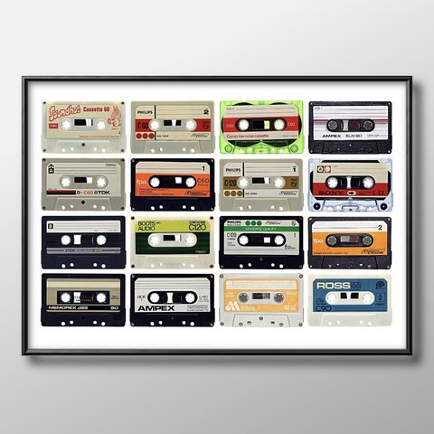 6384■A3アートポスター『カセットテープ　ビンテージ』絵画　イラスト　デザイン　北欧　マット紙