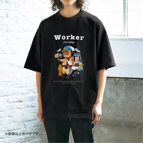 厚みのあるBIGシルエットTシャツ「WORKER 働くネコ。」 /送料無料