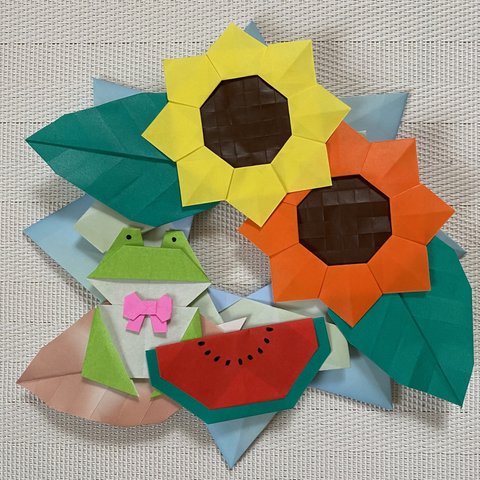 折り紙リース 夏 向日葵 カエルとスイカ 壁面飾り 施設 病院 保育園