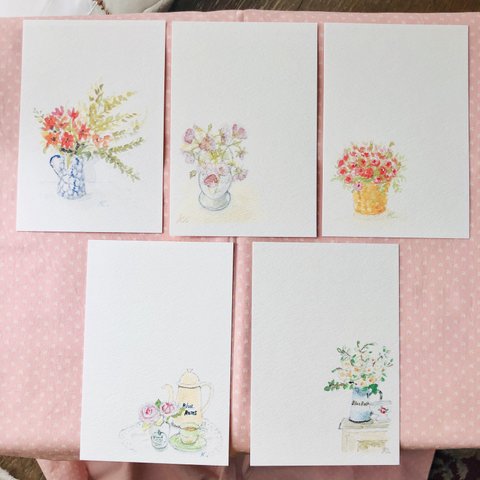 【再販】5枚組 " 花のある暮らし " 水彩イラストポストカード