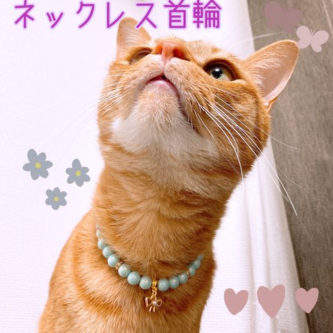 猫の首輪🐈エメラルドグリーンパールビーズ✨ネックレス首輪♡リボンチャーム🎀