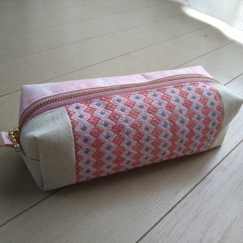 こぎん刺し刺繍BOXポーチ(結び花ピンク)