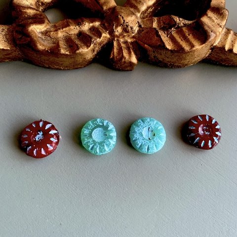 光るコ入り【2種ペア4コセット】JIRI＊IVANA#czech beads#チェコビーズ　sea glass wheel14㍉　green＊red/blue