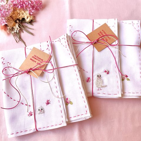 桜🌸とインコの刺繍刺し子さらしふきん 2枚セット