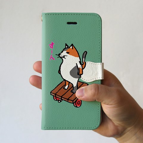 スマホケース　猫がすーん（ミント）