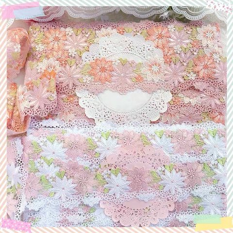 【1m】お花が咲くレースリボン　大人可愛い　繊細　綺麗　手芸　素材　上品　刺繍　ピンクお花タイプ①