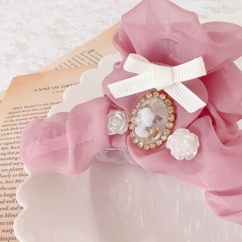 【受注生産】リボン　バンスクリップ　ヘアアクセサリー　　りぼん　レジン　カメオ　ピンク　girly  teddy bear flower ribbon 