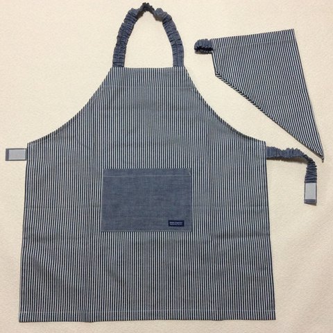 【130】ヒッコリーストライプ☆子供 キッズ エプロン&三角巾