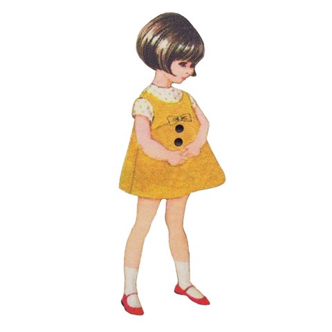 フランス製 木製ボタン 2つ穴 （黄色いドレスの女の子） アトリエ・ボヌール・ドゥ・ジュール