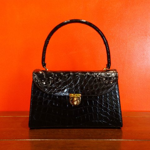 50s「Bellstone」Vintage black crocodile handbag