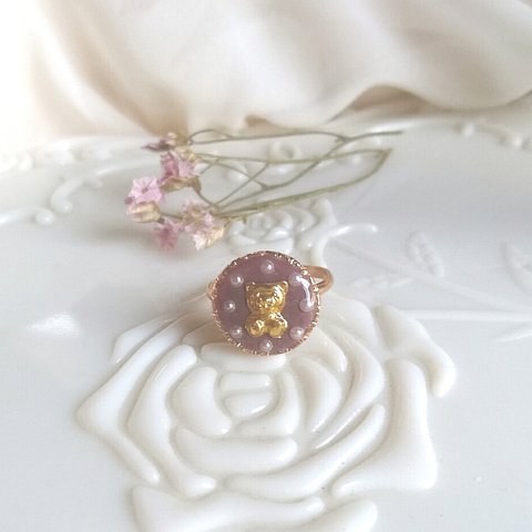 ♡再販♡ vintage bear ring まんまるくまさんリング D (ミルクティーパール・フリーサイズ)