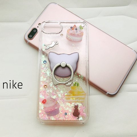 訳あり：揺れるハート♡スイーツ猫♡ねこ スマホリング付き スマホケース iPhoneケース  ウォーターケース iPhone8 iPhone７