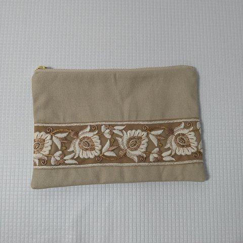 フラットポーチ　インド刺繍リボンポーチ　20cmファスナーポーチ