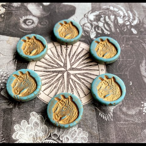再販【2コずつ販売】JIRI＊IVANA#czech beads#チェコビーズ　unicorn🦄23㎜　turquoise/bronze