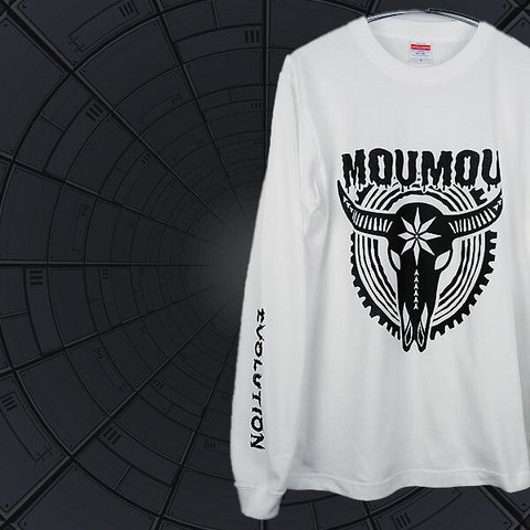 「MOUMOU」バッファロー スカル 牛 丑 ロンＴ（1.6インチリブ）白 ※フロント＆袖プリント