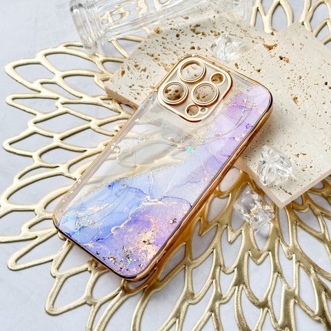紫陽花カラーにゴールドを散りばめた 大理石風iPhoneケース ゴールドフレーム アルコールインクアート 梅雨 アジサイ