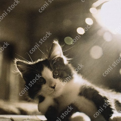 寝転んでいる猫、レトロ、モノクロ、アート、古びた写真　conistock_43210_05