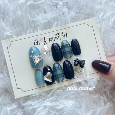 No155 blue check autumn nail 🥣💭