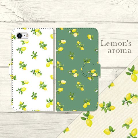 水彩調 レモンパターン " Lemon's aroma " 手帳型スマホケース iPhone/Android