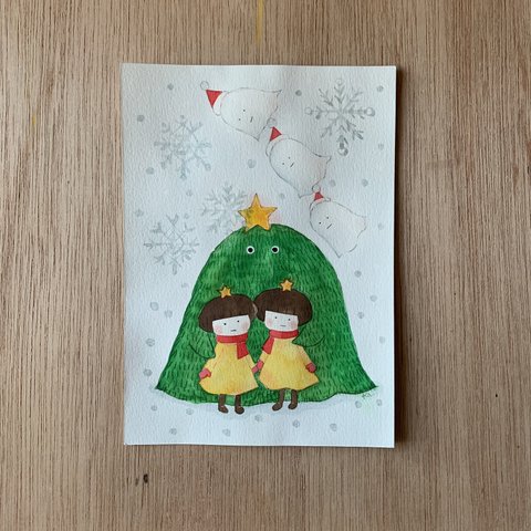 「ホワイトクリスマス」キラキラ原画　送料無料　水彩画