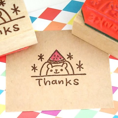 Thanks楕円シールはんこ(スイカとくまさん)