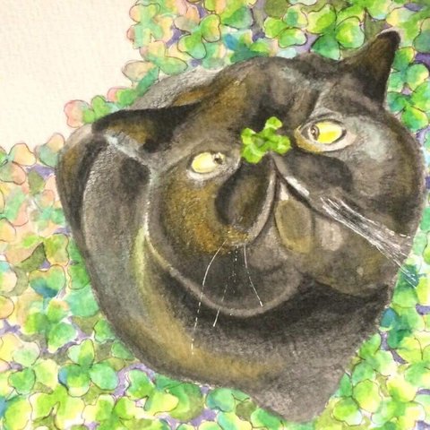 絵画 絵 アートパネル 現代アート インテリア インテリアパネル 雑貨 ロココロ 縁起画 猫 ねこ ネコ アニマル 動物 : ゆりんぐ 作品名 : 黒猫は四つ葉のクローバーを探すのが得意