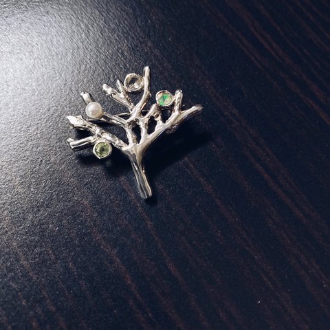 tree broach【silver925】/　天然石　パール　オパール　ペリドット　レモンクォーツ　ブローチ　ナチュラル　シルバー　シルバー925　