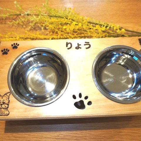 犬足スタンプ ウッドフードボール 2皿タイプ　