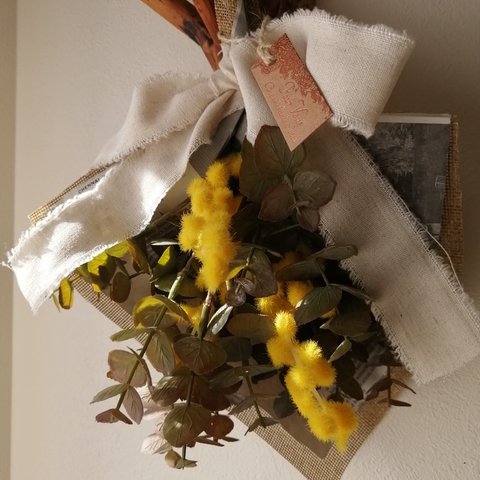アスカのアンティークユーカリとミモザのスワッグ 造花