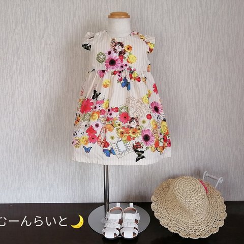 【受注】【70〜90cm】お花＊蝶＊ネコのフリルワンピース（コットン）