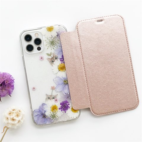 『紫陽花＆千鳥草＆猫柄』  押し花 選べる5色 手帳型スマホケース iPhoneケース iPhone14Pro/13Pro/12Pro/SE/11Pro/XR/XS/8/7