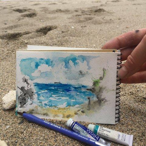 「風が吹かないビーチ」沖縄の風景画　水彩画　ポストカード