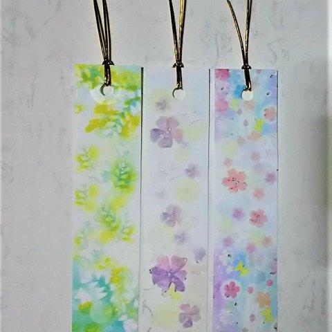 春の3種の花の栞(しおり) ミモザ・スミレ・桜のイラスト　パステルアートのブックマーク