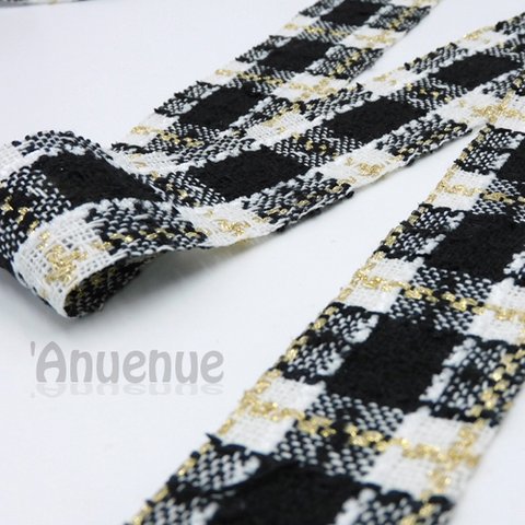 cotton & linen チェック柄リボン（Black x White x Gold）40mm ×50cm