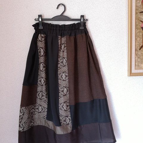 着物リメイク　大島紬を色々な生地と合わせてギャザースカート