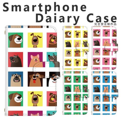 【d-277】受注制作 犬 アメリカン イラスト 格子柄 ボックス柄 スマホケース 手帳型 アメコミ風