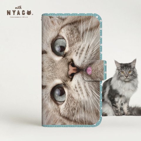 猫のスマホケース NYAGO 手帳型ケース 全機種対応［ サクラちゃん くんくんペロペロにゃ～。 ドット ブルー ］No.2S2712