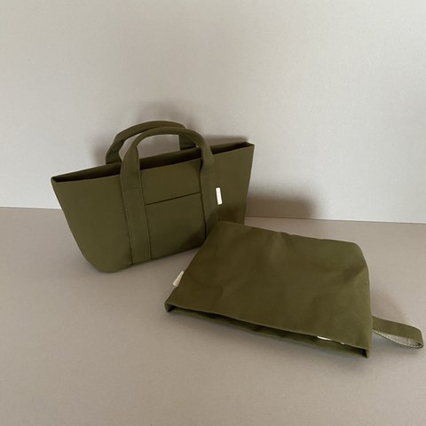 happybag  8号帆布横長ミニトート（カーキ）とバックインポーチのセット