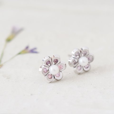 Pink 真珠 花 ピアス シルバー925