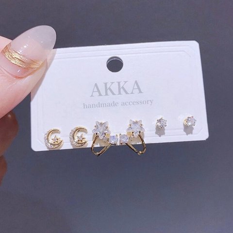 Moon Star earring 6piece set 月と星のイヤリング6個セット　ビジュー　煌めく　樹脂イヤリング　樹脂ピアス　ミニ　小さめ　小ぶり　上品　大人女子　ムーン　スター　宇宙　可愛い